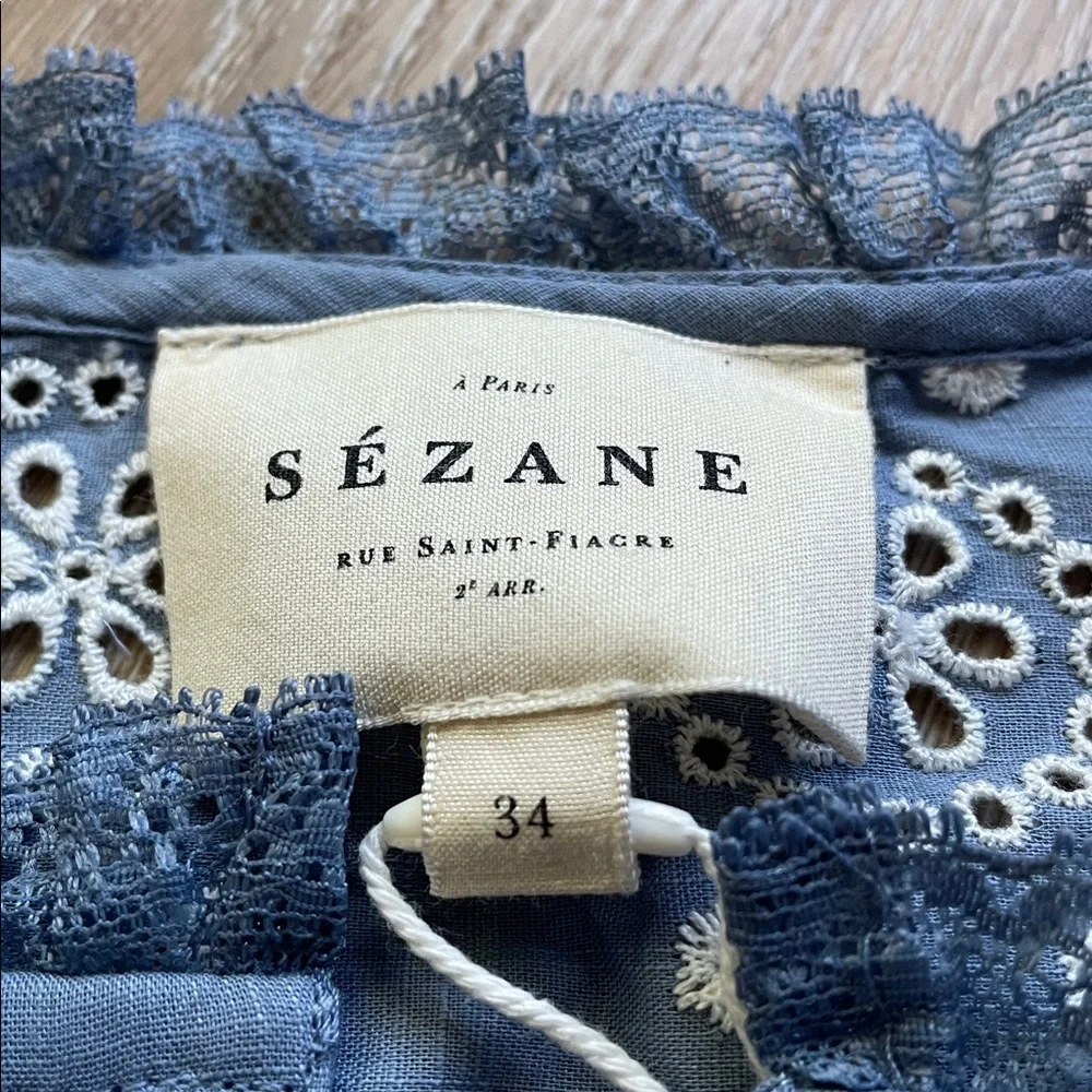 Sezane Nele embroidered vintage ruffle blue cropped shirt. NWT!! - Picture 2 of 16